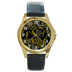 Folk Flowers Pattern  Round Gold Metal Watch by Eskimos