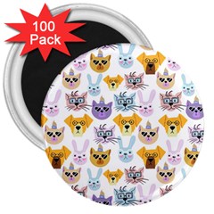 Funny Animal Faces With Glasses On A White Background 3  Magnets (100 Pack) by SychEva