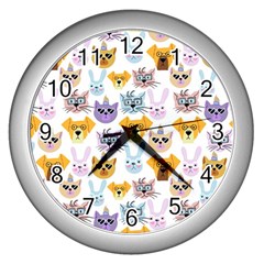 Funny Animal Faces With Glasses On A White Background Wall Clock (silver) by SychEva