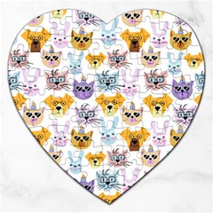 Funny Animal Faces With Glasses On A White Background Jigsaw Puzzle (heart) by SychEva