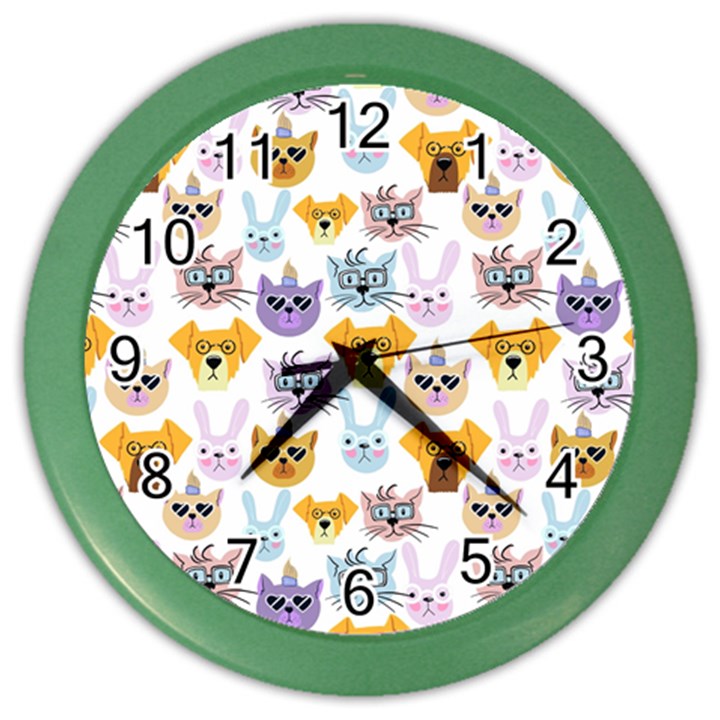 Funny Animal Faces With Glasses On A White Background Color Wall Clock