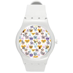 Funny Animal Faces With Glasses On A White Background Round Plastic Sport Watch (m) by SychEva