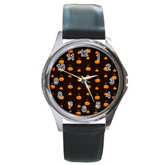 Halloween Pumpkins Pattern, Witch Hat Jack O  Lantern Round Metal Watch