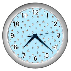 Cute Kawaii dogs pattern at sky blue Wall Clock (Silver)