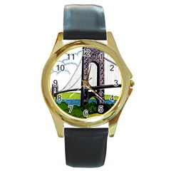 Bridge-vintage-clip-art-color Round Gold Metal Watch