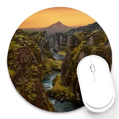 Landscape-cannon-river-mountain Round Mousepads by Sudhe