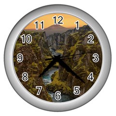 Landscape-cannon-river-mountain Wall Clock (silver) by Sudhe