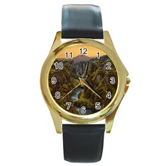 Landscape-cannon-river-mountain Round Gold Metal Watch