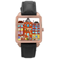 Town-buildings-old-brick-building Rose Gold Leather Watch  by Sudhe