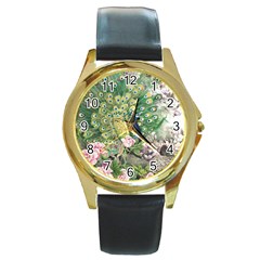 Peafowl Peacock Feather-beautiful Round Gold Metal Watch by Sudhe