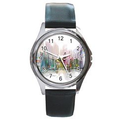 Drawing-watercolor-painting-city Round Metal Watch by Sudhe