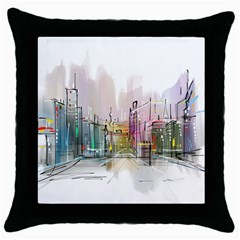 Drawing-watercolor-painting-city Throw Pillow Case (black)