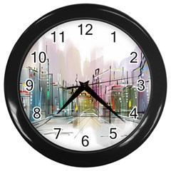 Drawing-watercolor-painting-city Wall Clock (black)