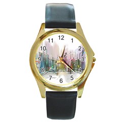 Drawing-watercolor-painting-city Round Gold Metal Watch by Sudhe