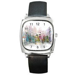 Drawing-watercolor-painting-city Square Metal Watch by Sudhe