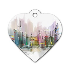 Drawing-watercolor-painting-city Dog Tag Heart (one Side) by Sudhe