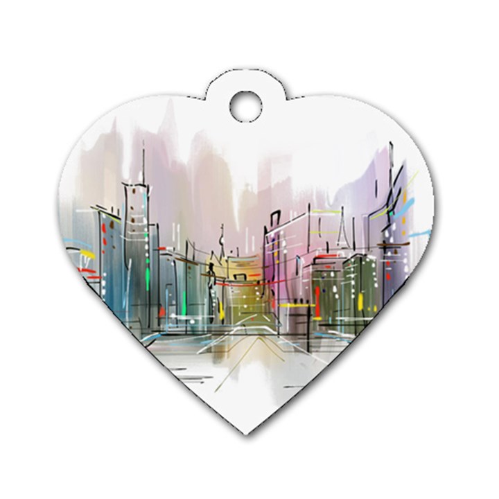 Drawing-watercolor-painting-city Dog Tag Heart (Two Sides)