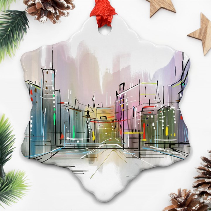 Drawing-watercolor-painting-city Snowflake Ornament (Two Sides)