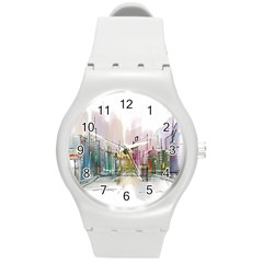 Drawing-watercolor-painting-city Round Plastic Sport Watch (m) by Sudhe