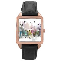 Drawing-watercolor-painting-city Rose Gold Leather Watch  by Sudhe