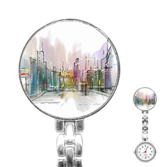 Drawing-watercolor-painting-city Stainless Steel Nurses Watch by Sudhe