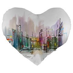 Drawing-watercolor-painting-city Large 19  Premium Flano Heart Shape Cushions by Sudhe