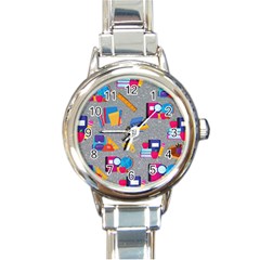 80s And 90s School Pattern Round Italian Charm Watch by NerdySparkleGoth