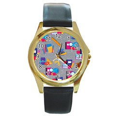 80s And 90s School Pattern Round Gold Metal Watch by NerdySparkleGoth