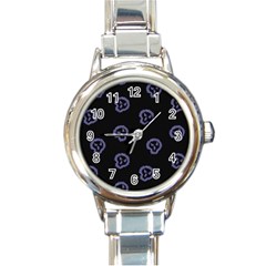 Purple Skulls On Dark Background Round Italian Charm Watch by SychEva