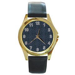 Blue Stripes On Dark Background Round Gold Metal Watch by SychEva