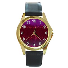 Red Splashes On Purple Background Round Gold Metal Watch by SychEva