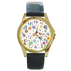 Flower Floral Pattern Round Gold Metal Watch by Sudhe