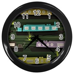 Narrow-boats-scene-pattern Wall Clock (black) by Sudhe