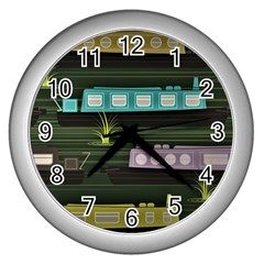 Narrow-boats-scene-pattern Wall Clock (silver) by Sudhe