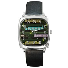 Narrow-boats-scene-pattern Square Metal Watch by Sudhe