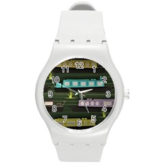 Narrow-boats-scene-pattern Round Plastic Sport Watch (m) by Sudhe