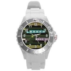 Narrow-boats-scene-pattern Round Plastic Sport Watch (l) by Sudhe