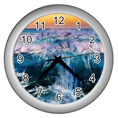 Sea-waves-ocean-water-beach-surf Wall Clock (Silver)