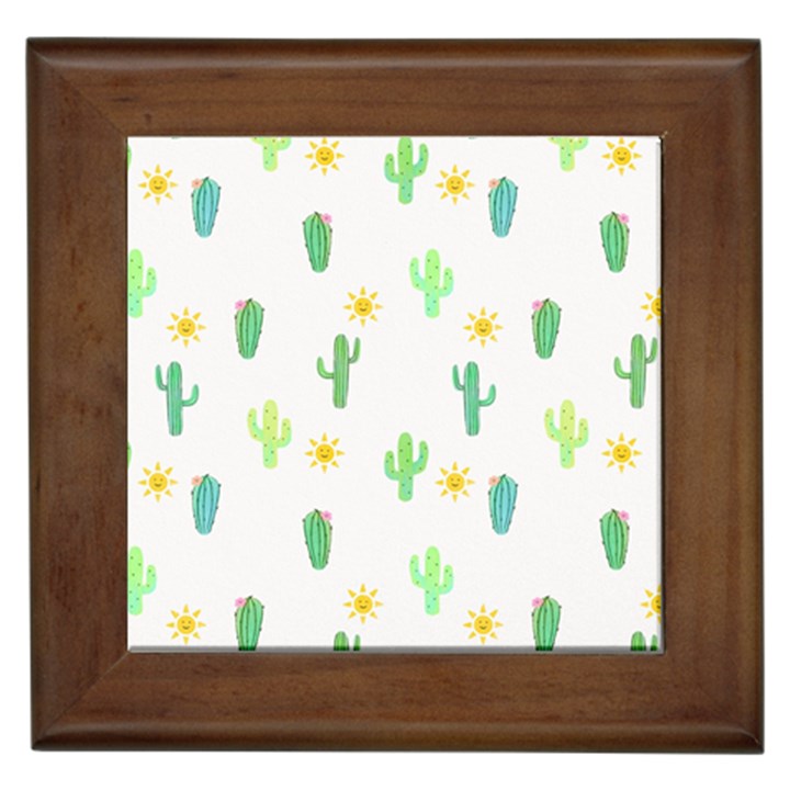 Green Cacti With Sun Framed Tile