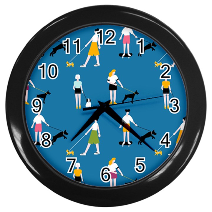 Girls Walk With Their Dogs Wall Clock (Black)