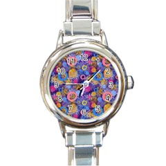 Multicolored Splashes And Watercolor Circles On A Dark Background Round Italian Charm Watch by SychEva