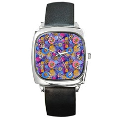 Multicolored Splashes And Watercolor Circles On A Dark Background Square Metal Watch by SychEva