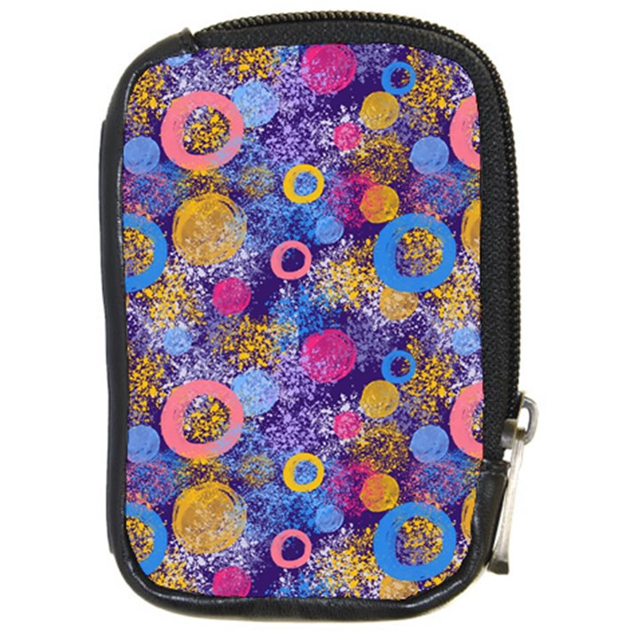 Multicolored Splashes And Watercolor Circles On A Dark Background Compact Camera Leather Case