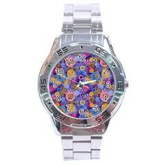 Multicolored Splashes And Watercolor Circles On A Dark Background Stainless Steel Analogue Watch by SychEva