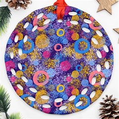 Multicolored Splashes And Watercolor Circles On A Dark Background Ornament (round Filigree) by SychEva