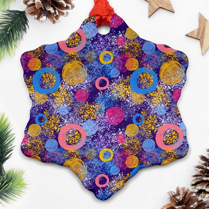 Multicolored Splashes And Watercolor Circles On A Dark Background Snowflake Ornament (Two Sides)