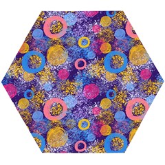 Multicolored Splashes And Watercolor Circles On A Dark Background Wooden Puzzle Hexagon by SychEva