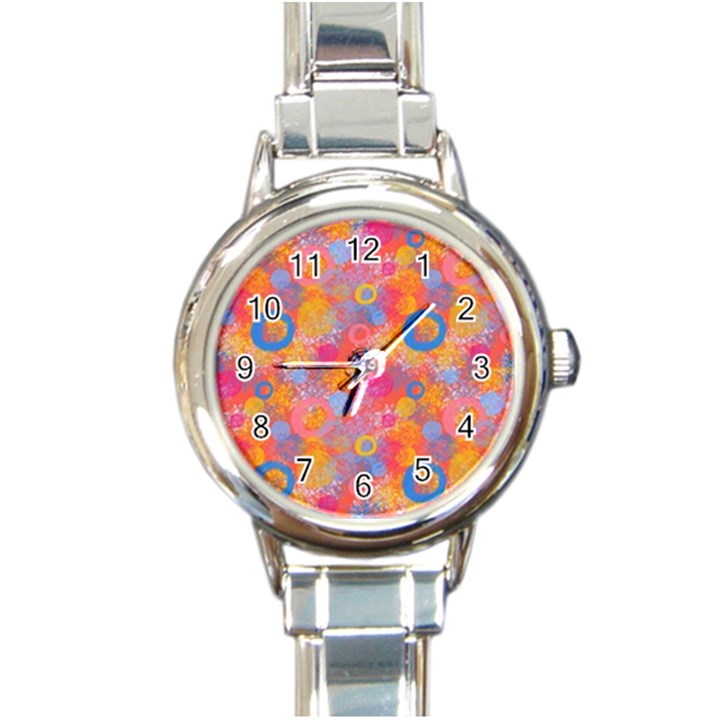 Multicolored Splashes And Watercolor Circles On A Dark Background Round Italian Charm Watch