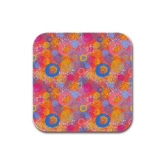 Multicolored Splashes And Watercolor Circles On A Dark Background Rubber Square Coaster (4 Pack) 