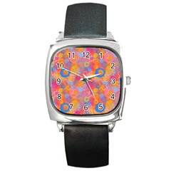 Multicolored Splashes And Watercolor Circles On A Dark Background Square Metal Watch by SychEva